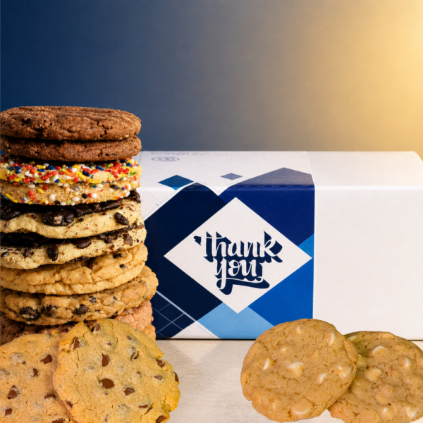 Stack of assorted cookies beside thank you box