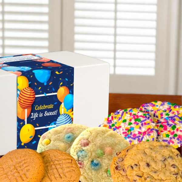 Assorted cookies next to festive 'Celebrate Life' box