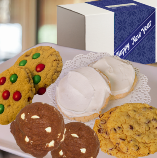 Assorted cookies with Happy New Year box.
