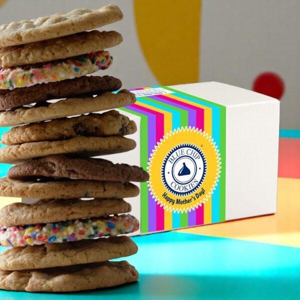 Assorted cookies beside Blue Chip Cookies box