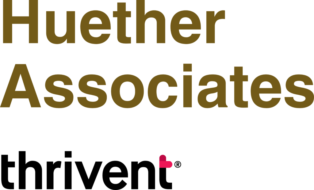 Huebner Associates and Thrivent logos in gold and pink.