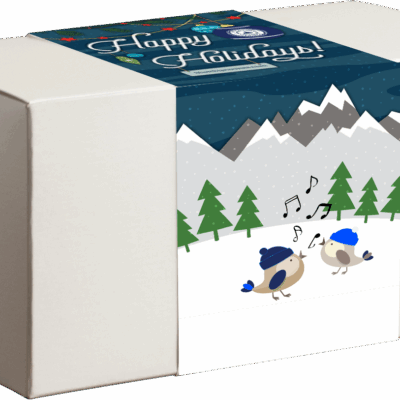 Holiday greeting card with cute birds and snowy trees