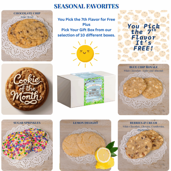 Assorted cookies and promotional gift box offer.