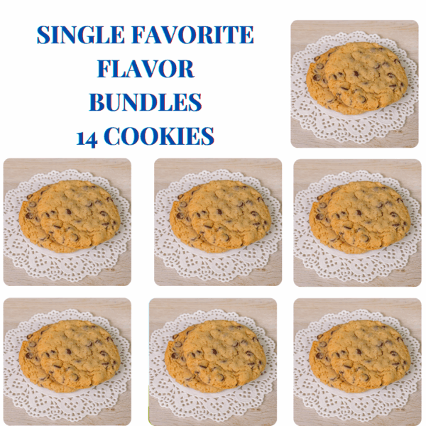 Nine chocolate chip cookies on doilies, labeled 14 cookies.
