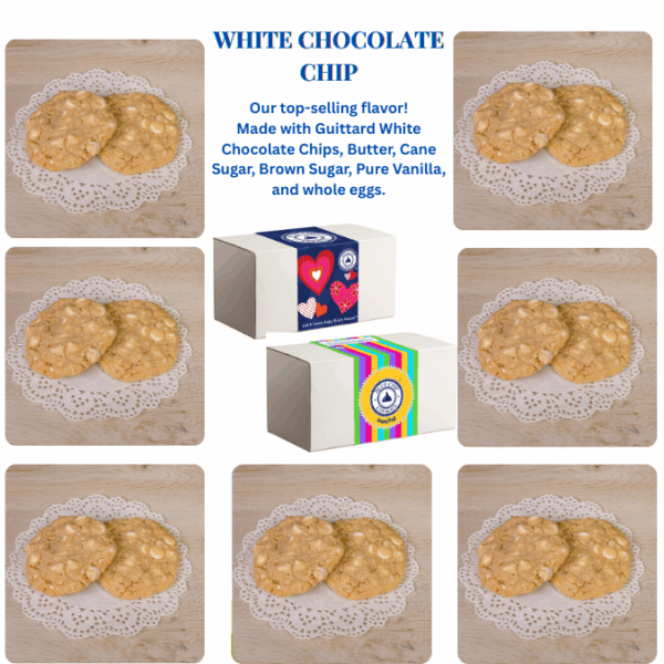 White chocolate chip cookies and colorful packaging