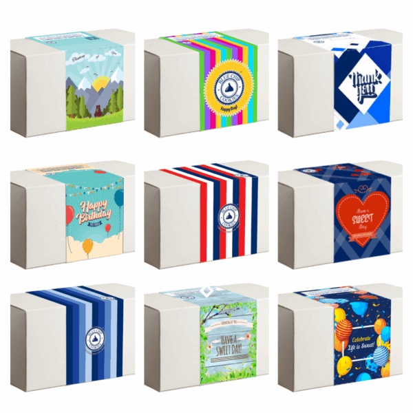 Assorted themed gift boxes with colorful designs