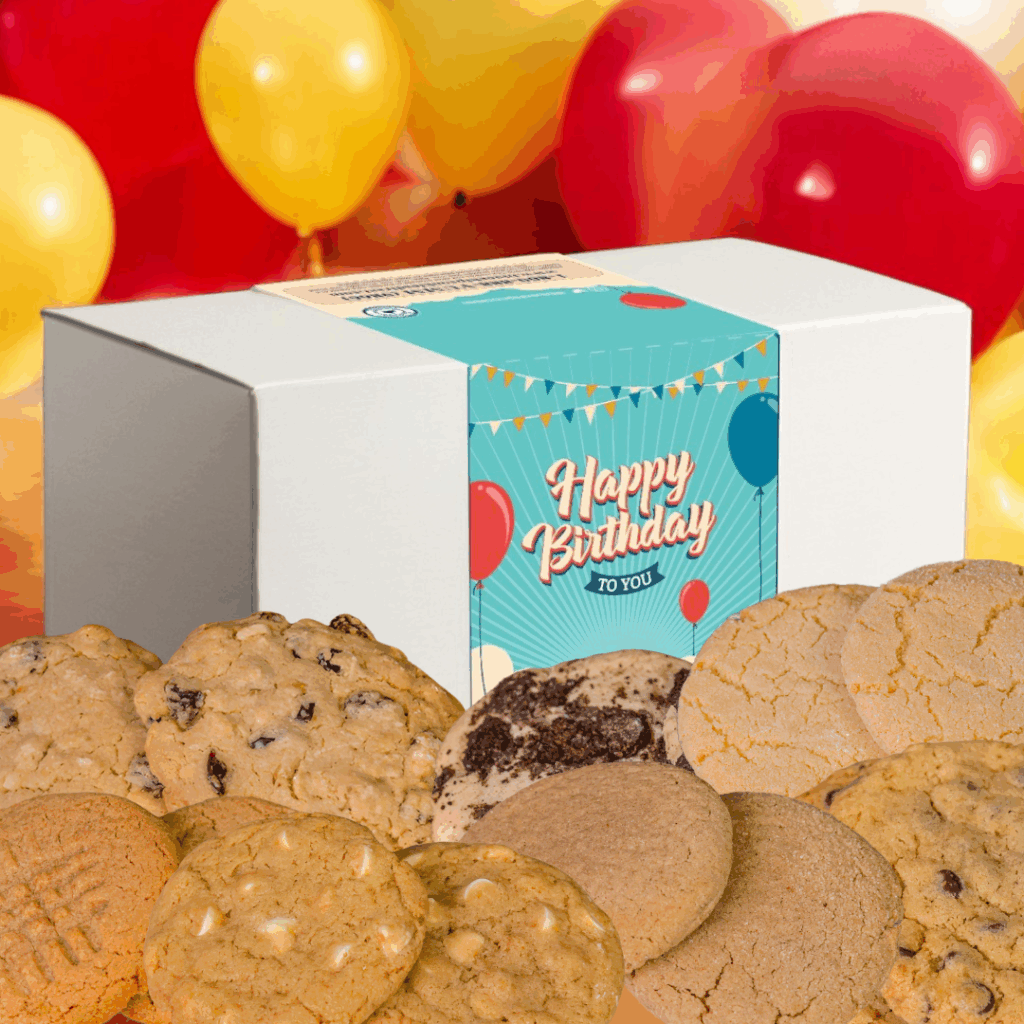 Birthday gift box with cookies and colorful balloons