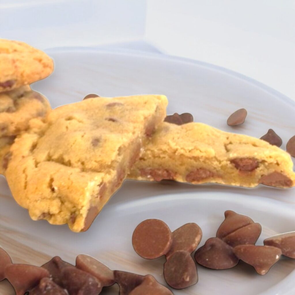 Chocolate chip cookies on plate with scattered chips.