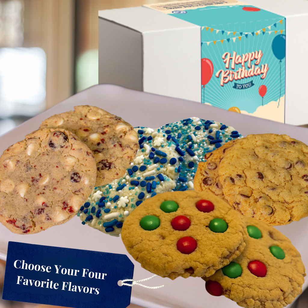 Box of assorted gourmet cookies for birthday celebration.