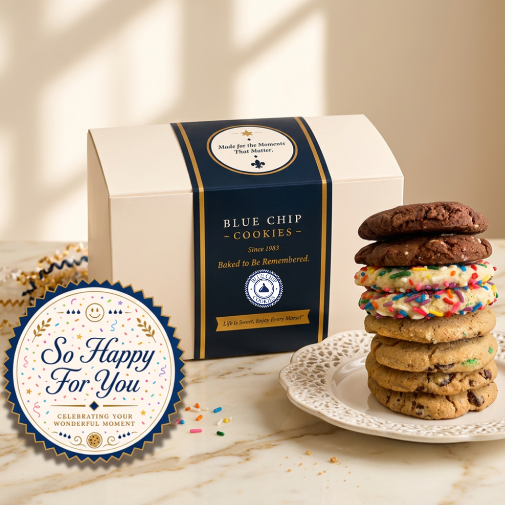 Blue Chip Cookies gift box and assorted cookies stack
