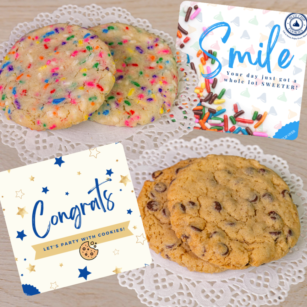 Colorful cookies with congratulatory messages on cards.