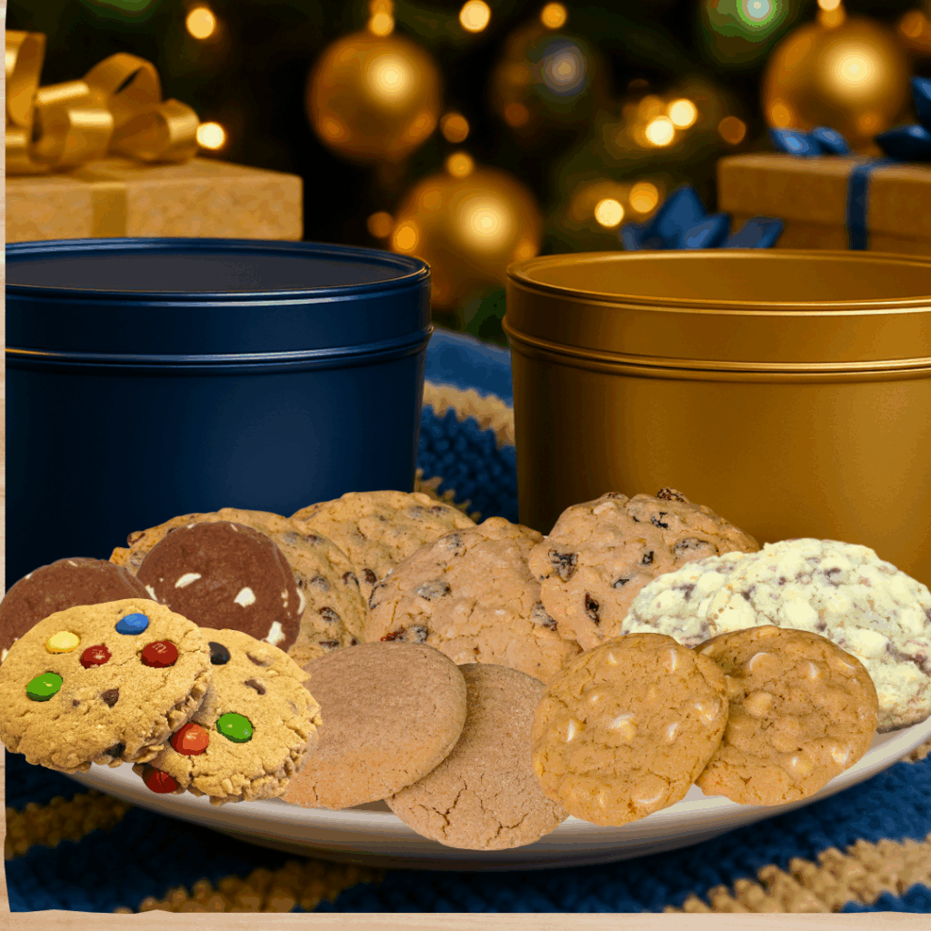 Assorted cookies on a plate with gift tins.