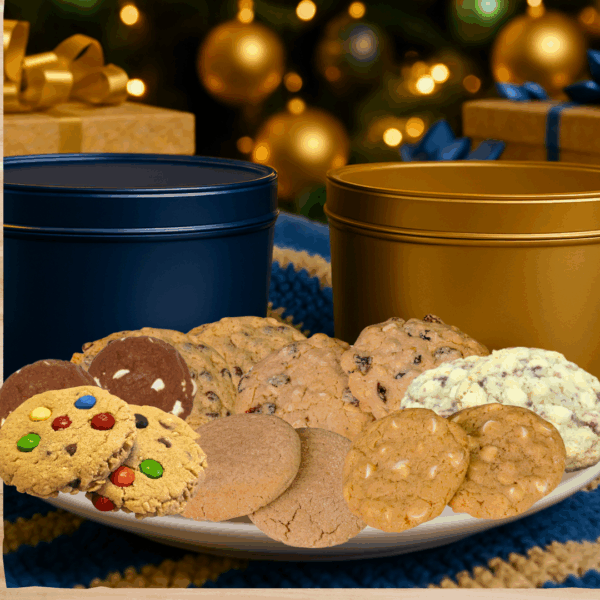 Assorted cookies on a plate with gift tins.