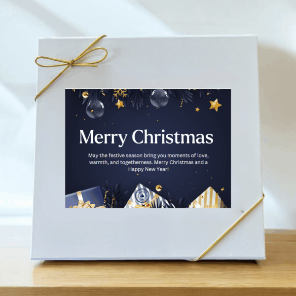 Christmas gift box with festive message.
