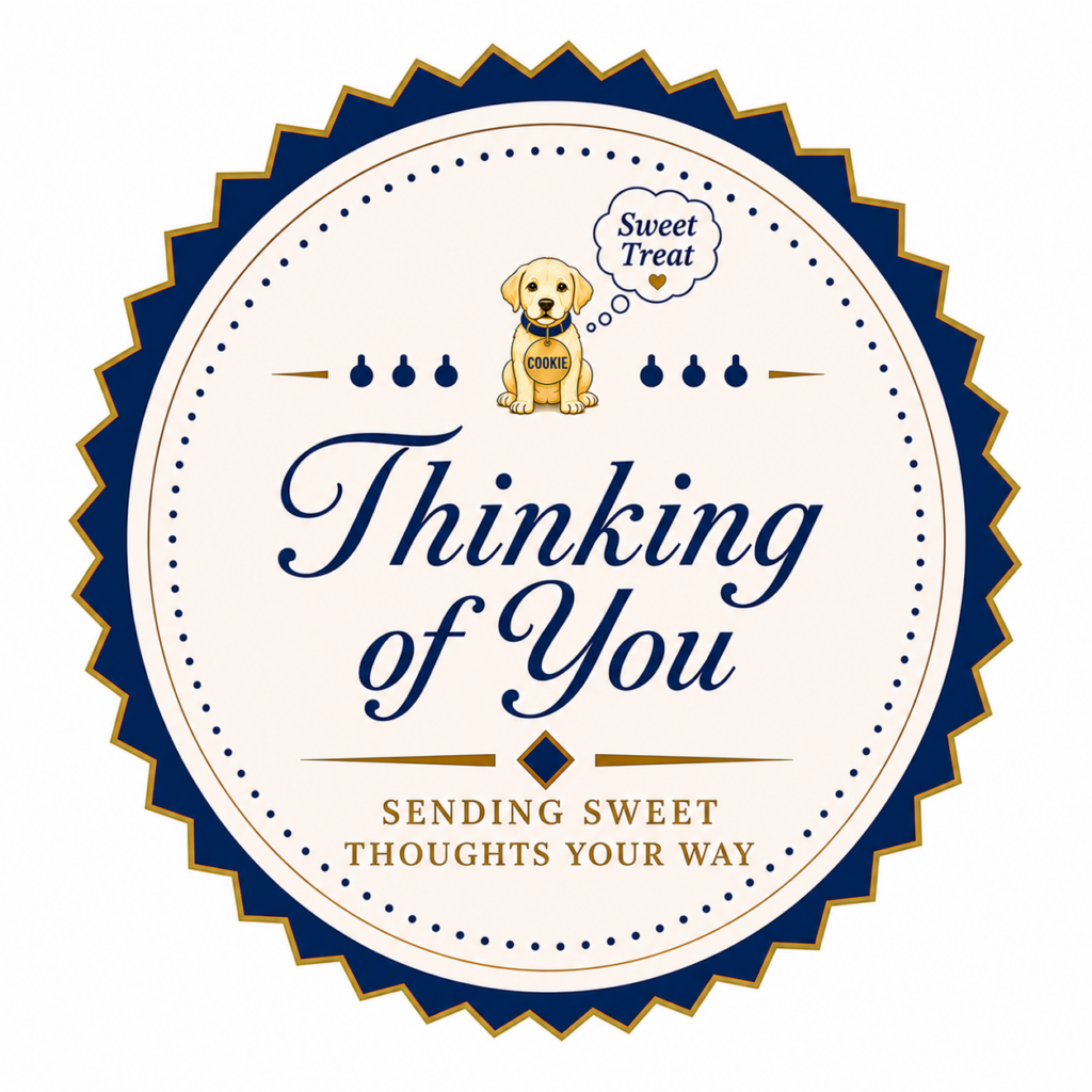 Thinking of You badge with puppy illustration